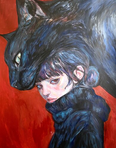 Cat Painting with Roger Haus (81x100 cm) I Strangers van Anna Dart, Schilderij te koop op Singulart