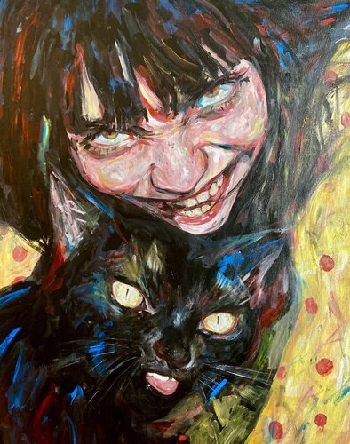 Cat Painting with Roger Haus (81x100 cm) I Berlin Smile van Anna Dart, Schilderij te koop op Singulart