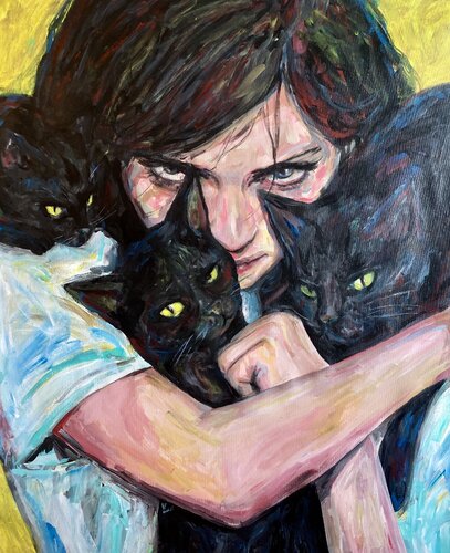 Cats Painting with Roger Haus (81x100 cm) I Animal Instinct 3 van Anna Dart, Schilderij te koop op Singulart