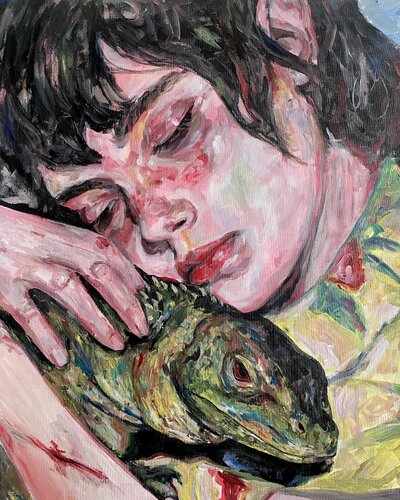 Iguana Painting with Roger Haus (50x60 cm) I Animal Instinct 180 van Anna Dart, Schilderij te koop op Singulart