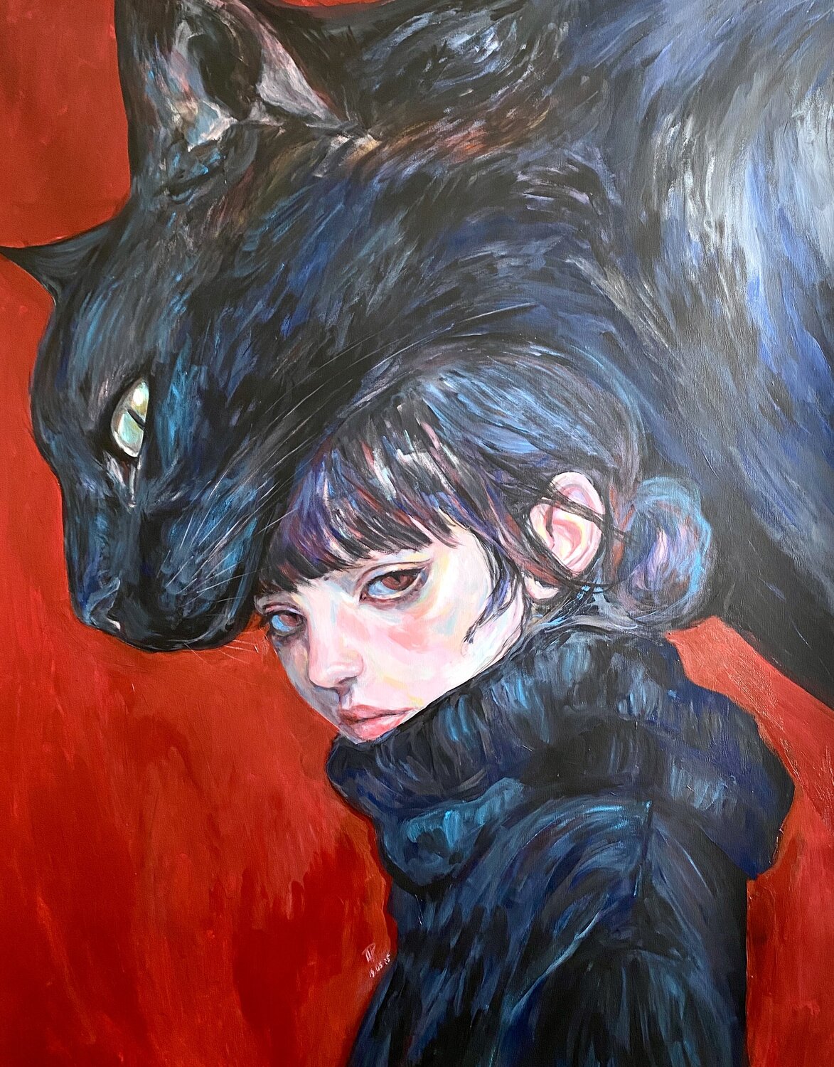 Cat Painting with Roger Haus (81x100 cm) I Strangers Anna Dart Originalgemälde zu verkaufen