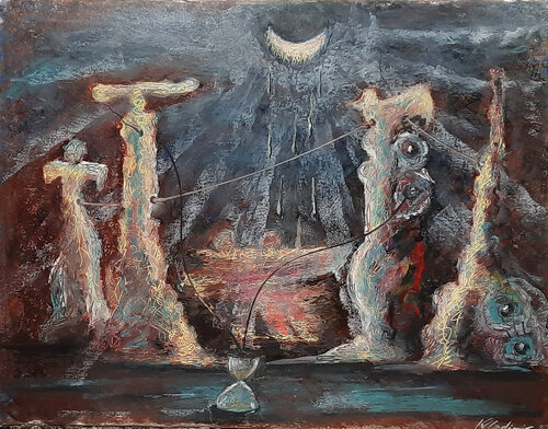 Landscape with totems and mysterious light from the haired moon di Vladimir Kolosov, Pittura in vendita su Singulart