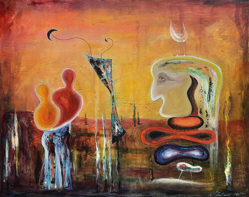 Mesmerizing hugs and phantom stranger at the engrossing landscape with mysterious lights by Vladimir Kolosov, Painting for Sale on Singulart
