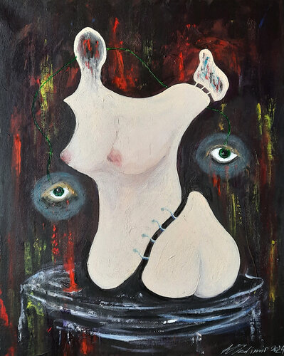 Still-life with anatomical structure and curious green eyes par Vladimir Kolosov, Peinture en vente sur Singulart
