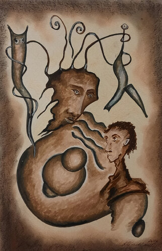 Metaphysical essence of the unfriendly moralization toward a deluded victim di Vladimir Kolosov, Pittura in vendita su Singulart