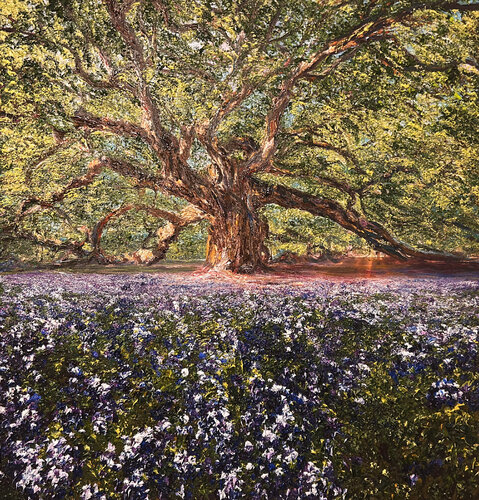 Sunlit Dreams in the Bluebonnets Field by Kenneth Halvorsen, Painting for Sale on Singulart