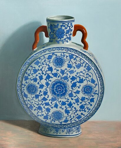 Javea - blue vase with orange handles de Minke Buikema-Duste, Pintura a la venta en Singulart