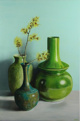 Ramatuelle - Hamamelis met 3 vazen van Minke Buikema-Duste, Schilderij te koop op Singulart