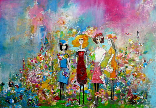 Femmes voyageant - inspiriert von James Rizzi di Blanka Mandel, Pittura in vendita su Singulart