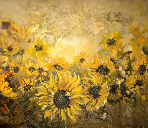 Golden Landscape With Sunflowers di Arno Bruse, Pittura in vendita su Singulart