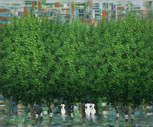 Green season street di Trong Thuong Tran, Pittura in vendita su Singulart