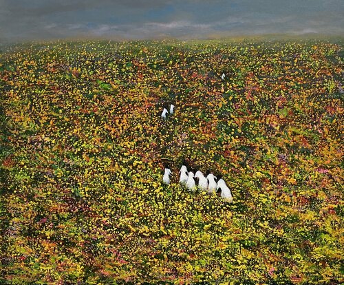 The sun falls on the flower field van Trong Thuong Tran, Schilderij te koop op Singulart