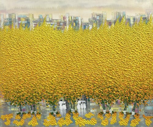Autumn rain through the city van Trong Thuong Tran, Schilderij te koop op Singulart