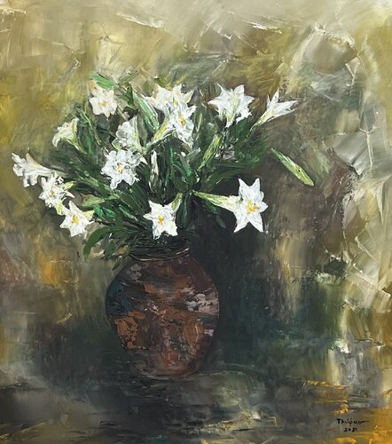 Lilies in the morning mist van Trong Thuong Tran, Schilderij te koop op Singulart