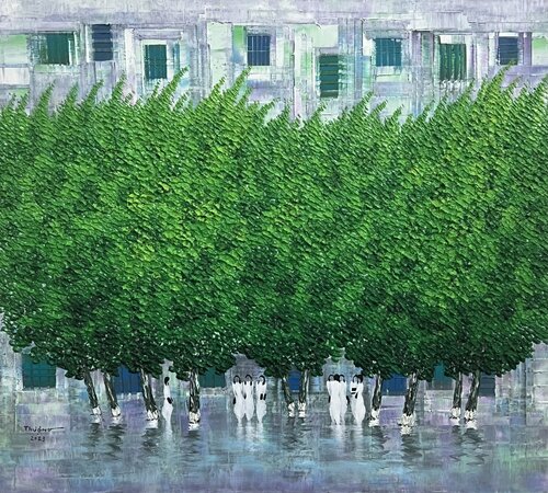 Green day in the school yard van Trong Thuong Tran, Schilderij te koop op Singulart