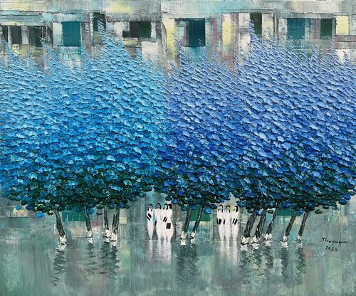 Rainy day street di Trong Thuong Tran, Pittura in vendita su Singulart