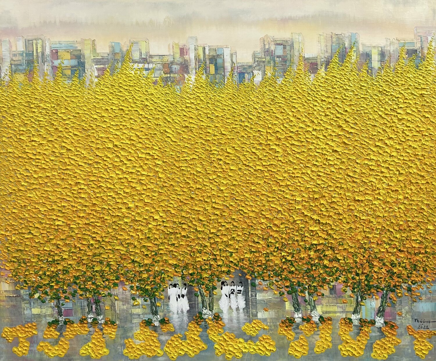 Autumn rain through the city Trong Thuong Tran Originalgemälde zu verkaufen