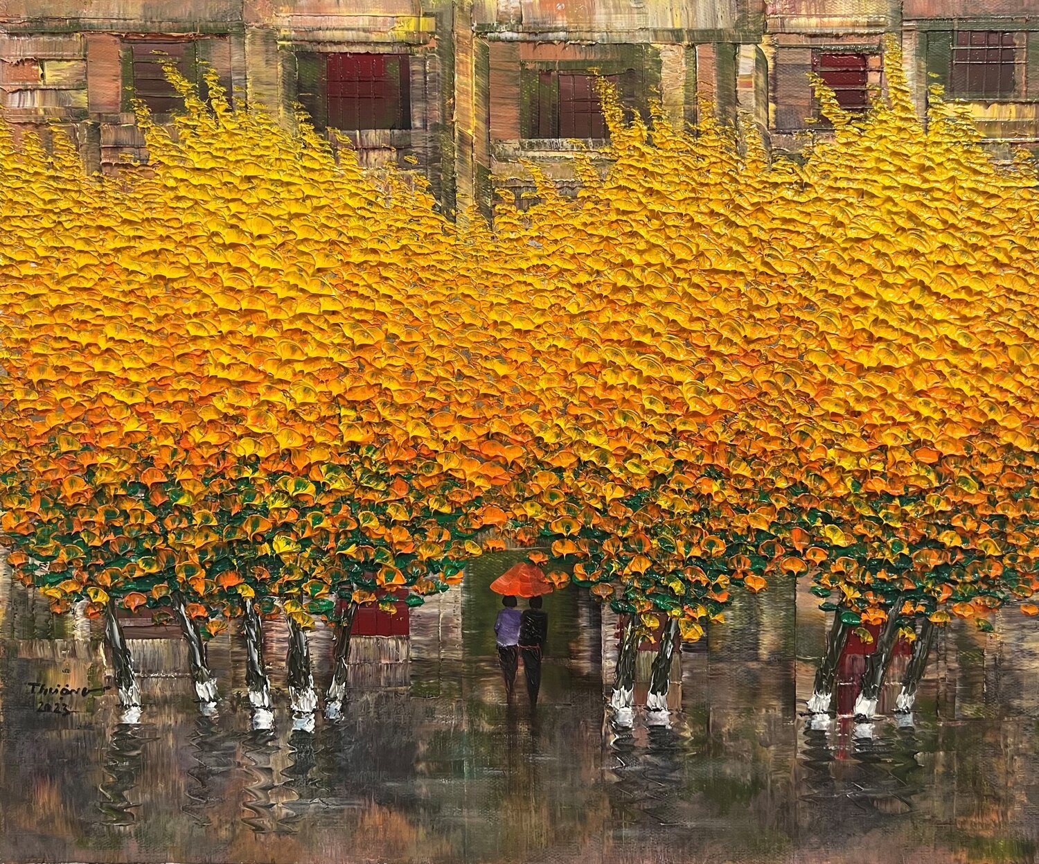 Autumn on the old street Trong Thuong Tran Dipinto originale in vendita