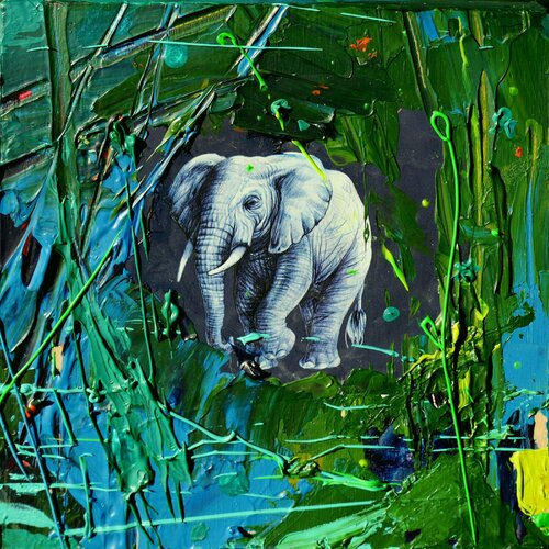 Elephant - Mini collage I di Miriam Montenegro, Pittura in vendita su Singulart