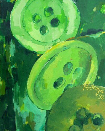 Green button love di Miriam Montenegro, Pittura in vendita su Singulart