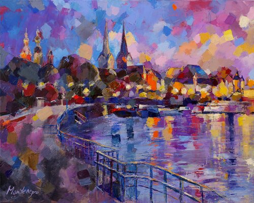 City lights at dusk di Miriam Montenegro, Pittura in vendita su Singulart