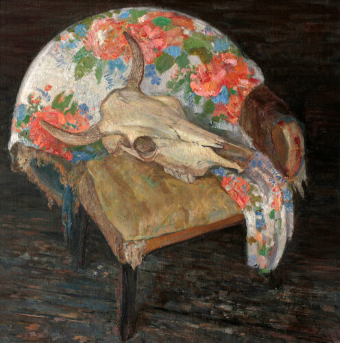 "Skull and red flowers" par Anna Zamurueva, Peinture en vente sur Singulart