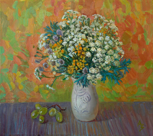 Bouquet of wildflowers with grapes par Anna Zamurueva, Peinture en vente sur Singulart