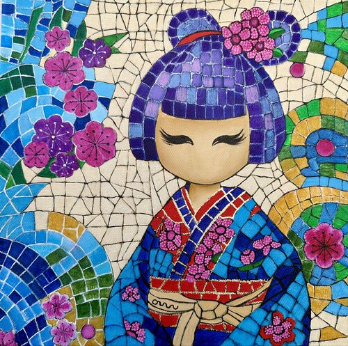 Blossoming Kokeshi: A Cherry Blossom Tale de Thea Matins, Pintura a la venta en Singulart