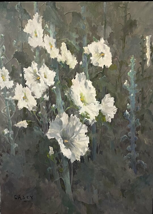 “White Hollyhocks” -framed oil painting Peggy Casey-Mason