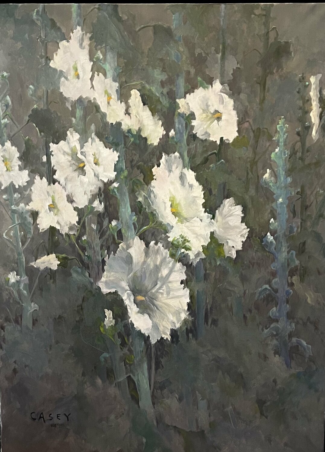 “White Hollyhocks” -framed oil painting Peggy Casey-Mason Originalgemälde zu verkaufen