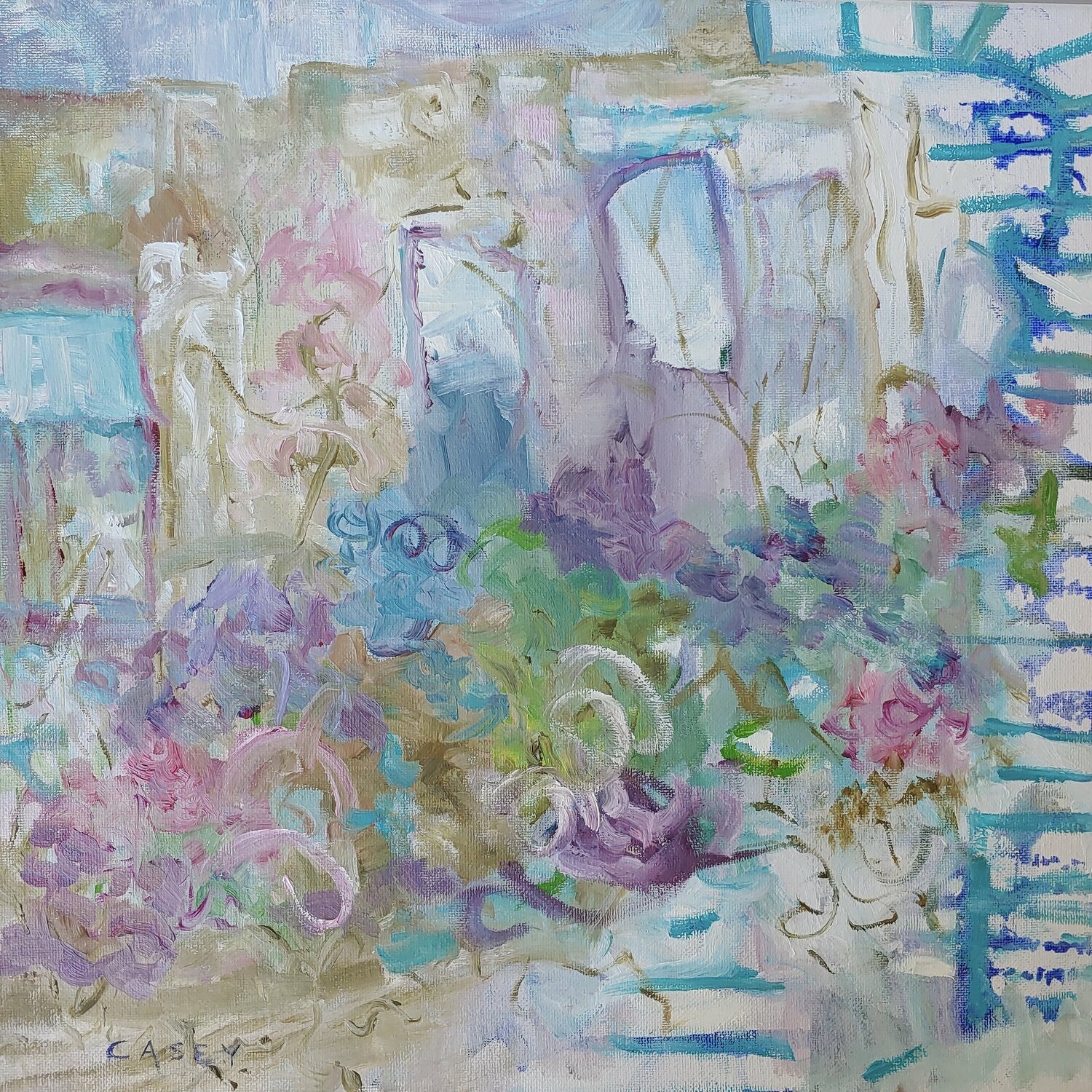 “The Cottage with a Blue Fence” Peggy Casey-Mason Originalgemälde zu verkaufen