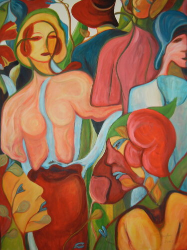Femmes Fleurs à chapeaux-150x120-2005 van Sof - Sophie Voigt-Chadeyron, Schilderij te koop op Singulart