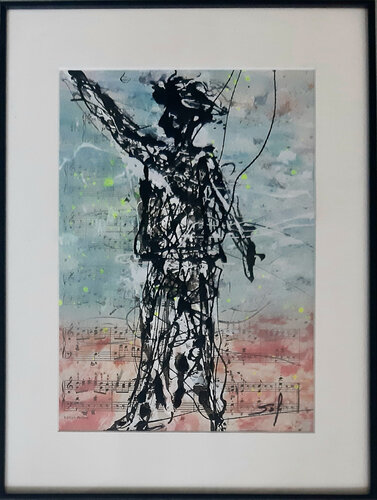 Adieu! - 20x30 - 2021 - Eingerahmte alte Musikblätter, Acrylfarben van Sof - Sophie Voigt-Chadeyron, Werk op papier te koop op Singulart