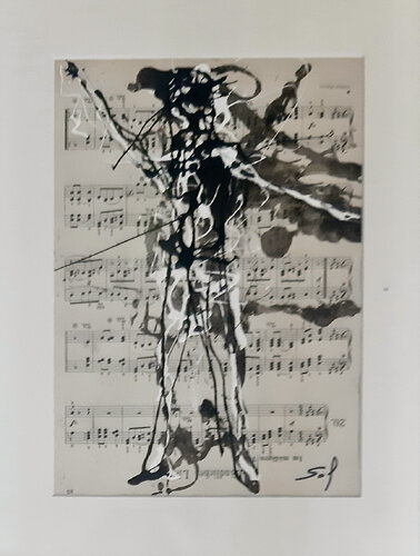 En garde! - 20x30 - 2021 - Eingerahmte alte Musikblätter, Acrylfarben di Sof - Sophie Voigt-Chadeyron, Pittura in vendita su Singulart
