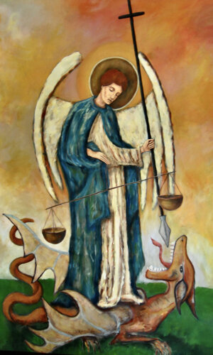 Saint-Michel et le dragon di Sof - Sophie Voigt-Chadeyron, Pittura in vendita su Singulart