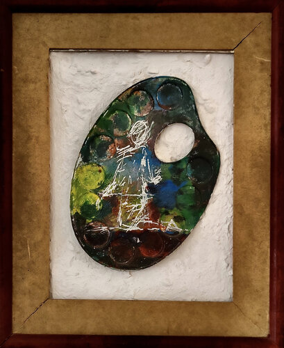 Petit gars agenouillé- 26x31- Palette 17x13 .2021 de côté par Sof - Sophie Voigt-Chadeyron, Autres supports en vente sur Singulart