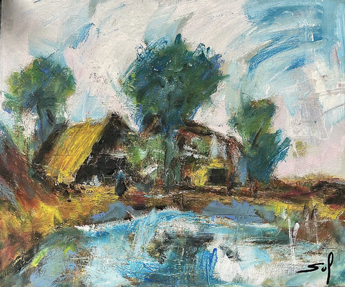Une ferme au printemps - 50x60 - 2023 von Sof - Sophie Voigt-Chadeyron, Malerei kaufen auf Singulart