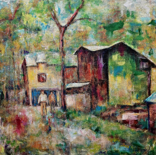 Campagne belge en automne - 120x120 - 2022 van Sof - Sophie Voigt-Chadeyron, Schilderij te koop op Singulart