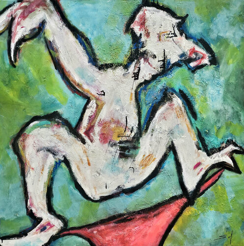 Toutou en balance - 120x120 - 2026 van Sof - Sophie Voigt-Chadeyron, Schilderij te koop op Singulart