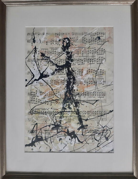 Chef d'orchestre - 30x40 - 2021 - Eingerahmte alte Musikblätter, Acrylfarben Sof - Sophie Voigt-Chadeyron