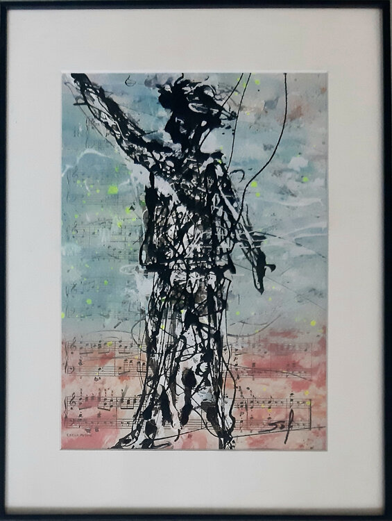Adieu! - 20x30 - 2021 - Eingerahmte alte Musikblätter, Acrylfarben Sof - Sophie Voigt-Chadeyron