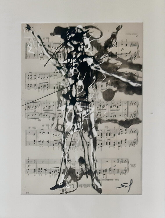 En garde! - 20x30 - 2021 - Eingerahmte alte Musikblätter, Acrylfarben Sof - Sophie Voigt-Chadeyron