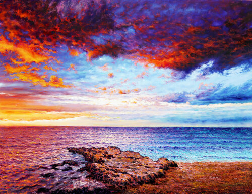 Das blaue Meer und die roten Wolken von Dusko Pavic, Malerei kaufen auf Singulart