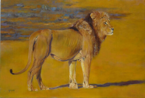 Lion debout dans la savane de Sylvie Ajacques, Pintura a la venta en Singulart