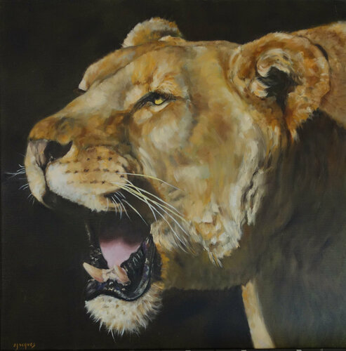 Portrait de lionne rugissant di Sylvie Ajacques, Pittura in vendita su Singulart