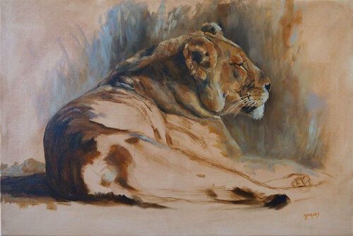 Lionne couchée van Sylvie Ajacques, Schilderij te koop op Singulart
