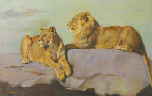 Lion et lionne couchés Sylvie Ajacques