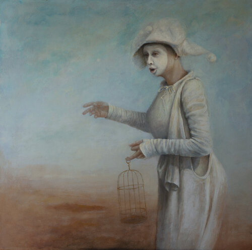 Girl With Birds Cell by Oleg Radvan, Painting for Sale on Singulart
