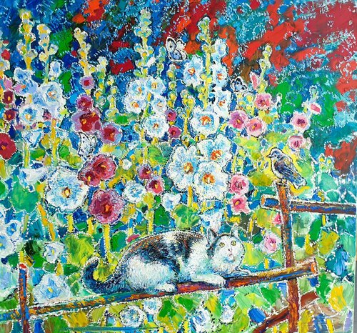 "Malvas in Mom's Garden" Kyiv. Ukraine. von Andrey Chebotaru, Malerei kaufen auf Singulart
