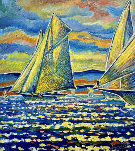 "Yachts at Sea" Antibes France by Andrey Chebotaru, Painting for Sale on Singulart
